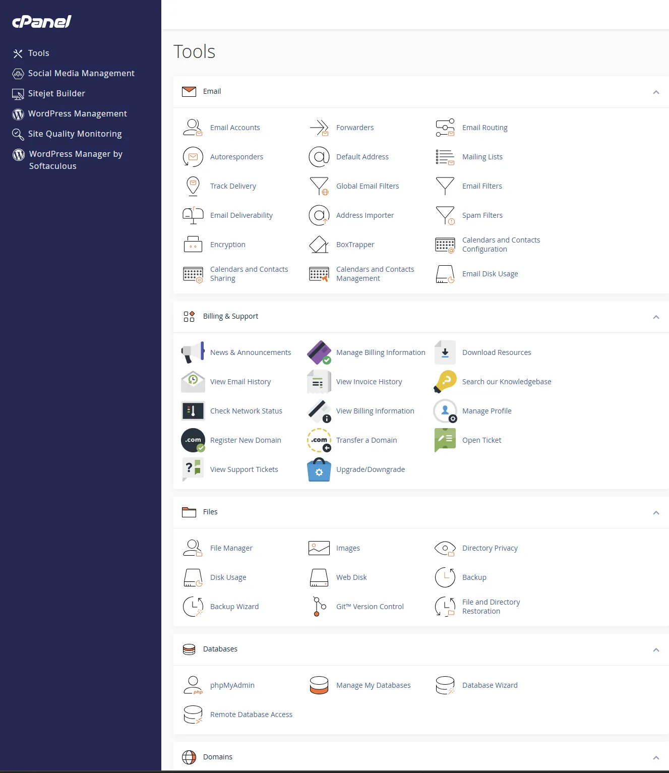 Panel de herramientas de cPanel